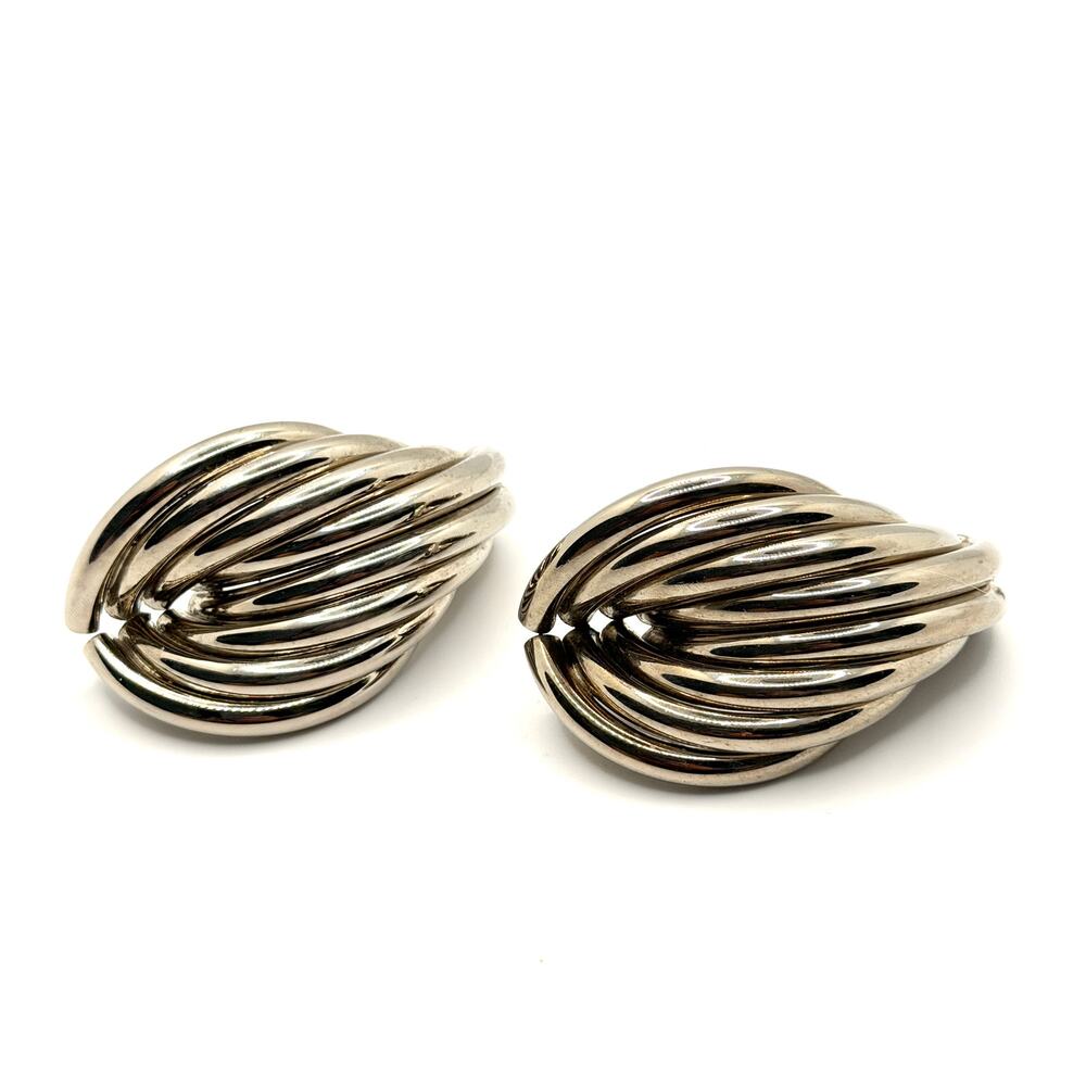 Vintage 80s Bold Sterling Silver Tubular Shrimp Swirl Hoop Clip Earrings